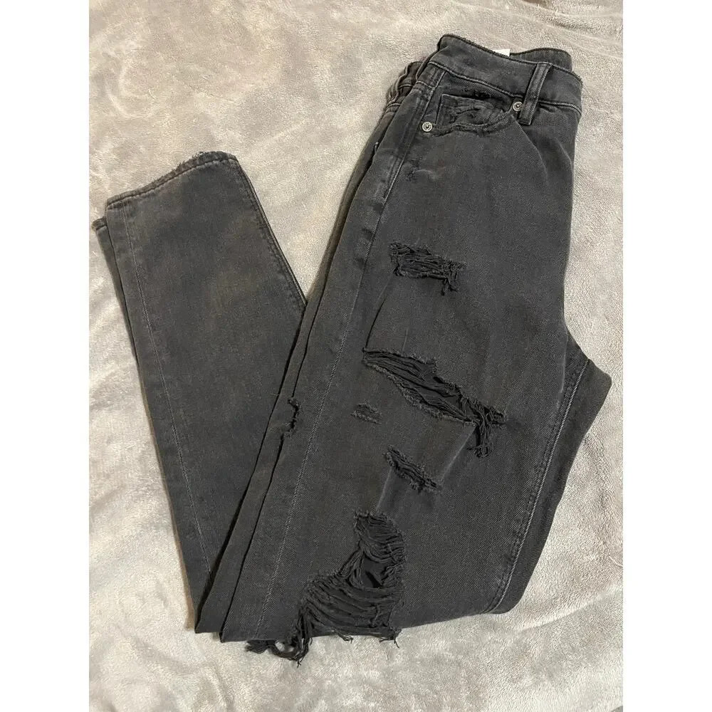 American Eagle SZ 0 Black Comfort Stretch Waistband Jeans Mom Jean